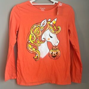 Girls Halloween Top Unicorn Size XL 14 Orange Long Sleeve NWT